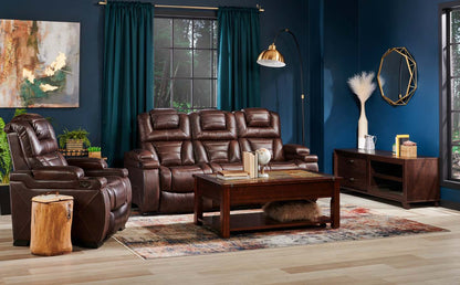 Hugo 84 Genuine Leather Power Reclining Sofa with Power Headrests, Dual Cupholders and USB Ports - Brown | Sofa à inclinaison électrique Hugo de 84 po en cuir véritable avec appuie-têtes électriques, 2 porte-gobelets et ports USB - brun