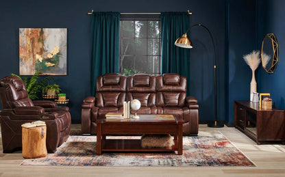 Hugo 84 Genuine Leather Power Reclining Sofa with Power Headrests, Dual Cupholders and USB Ports - Brown | Sofa à inclinaison électrique Hugo de 84 po en cuir véritable avec appuie-têtes électriques, 2 porte-gobelets et ports USB - brun