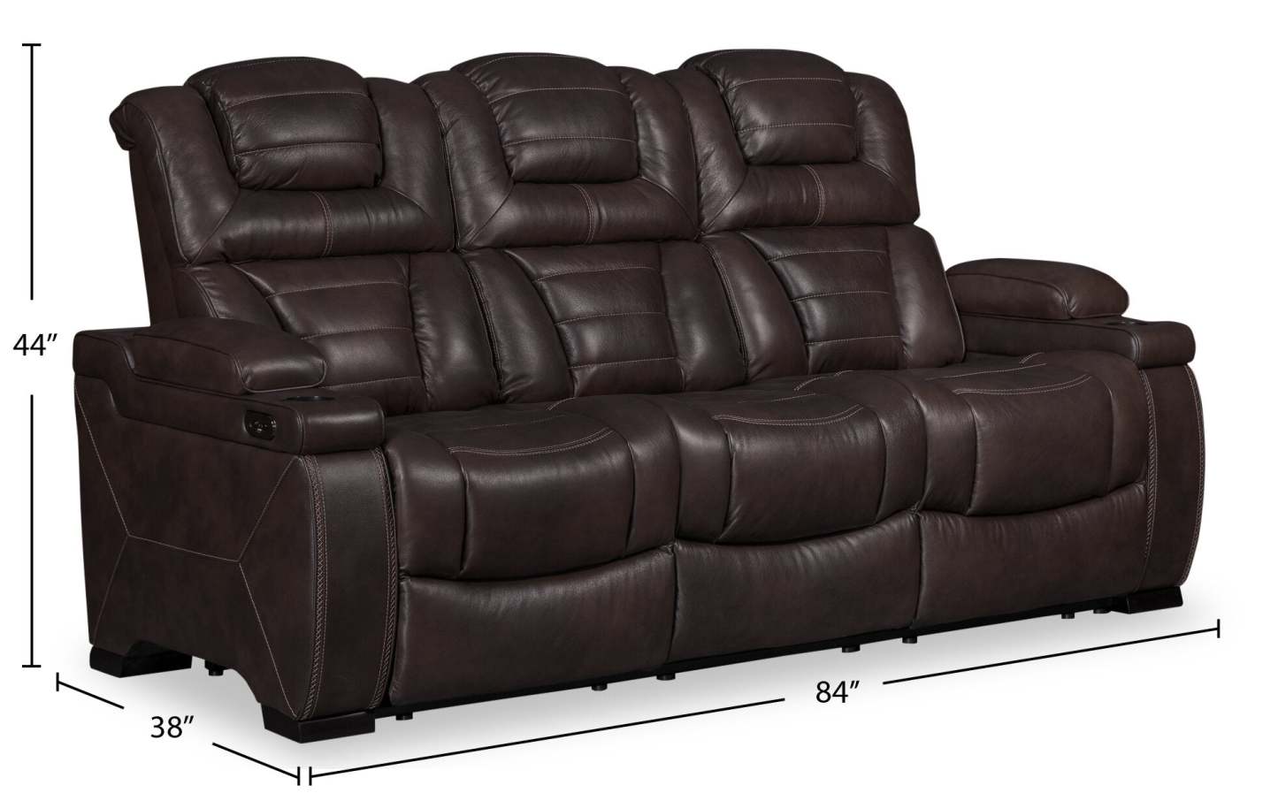 Hugo 84 Genuine Leather Power Reclining Sofa with Power Headrests, Dual Cupholders and USB Ports - Brown | Sofa à inclinaison électrique Hugo de 84 po en cuir véritable avec appuie-têtes électriques, 2 porte-gobelets et ports USB - brun