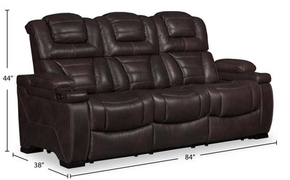 Hugo 84 Genuine Leather Power Reclining Sofa with Power Headrests, Dual Cupholders and USB Ports - Brown | Sofa à inclinaison électrique Hugo de 84 po en cuir véritable avec appuie-têtes électriques, 2 porte-gobelets et ports USB - brun
