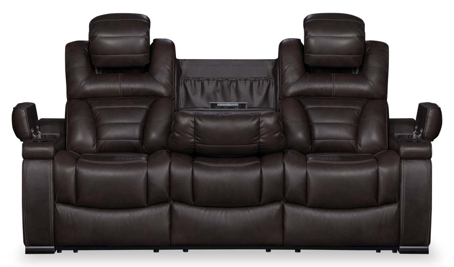 Hugo 84 Genuine Leather Power Reclining Sofa with Power Headrests, Dual Cupholders and USB Ports - Brown | Sofa à inclinaison électrique Hugo de 84 po en cuir véritable avec appuie-têtes électriques, 2 porte-gobelets et ports USB - brun