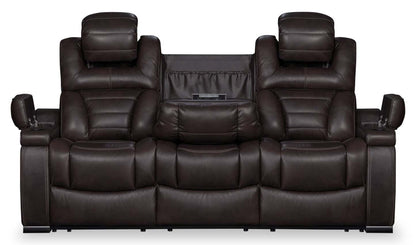 Hugo 84 Genuine Leather Power Reclining Sofa with Power Headrests, Dual Cupholders and USB Ports - Brown | Sofa à inclinaison électrique Hugo de 84 po en cuir véritable avec appuie-têtes électriques, 2 porte-gobelets et ports USB - brun