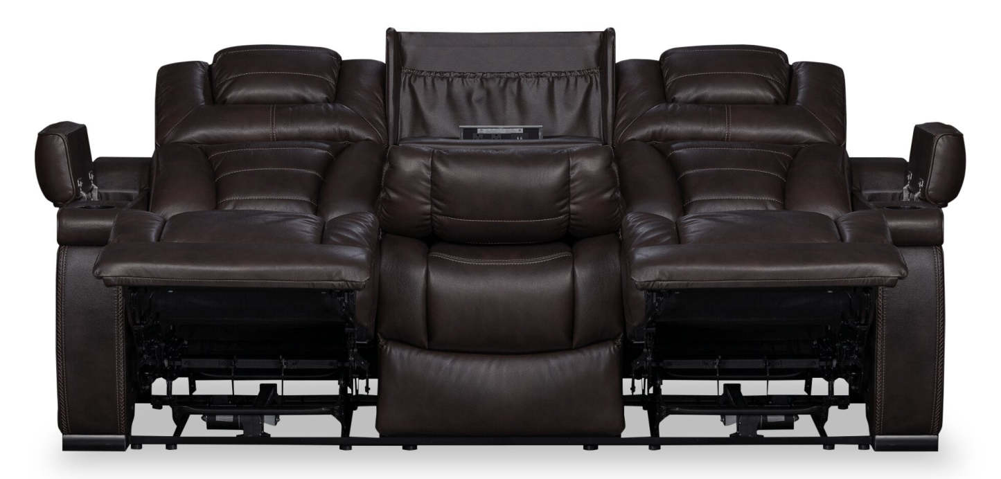 Hugo 84 Genuine Leather Power Reclining Sofa with Power Headrests, Dual Cupholders and USB Ports - Brown | Sofa à inclinaison électrique Hugo de 84 po en cuir véritable avec appuie-têtes électriques, 2 porte-gobelets et ports USB - brun