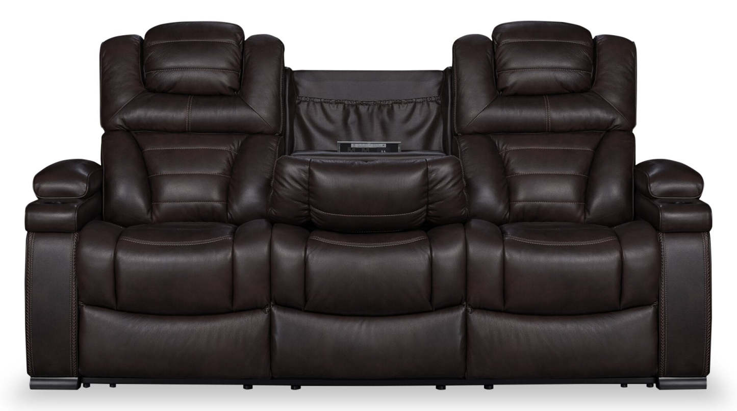 Hugo 84 Genuine Leather Power Reclining Sofa with Power Headrests, Dual Cupholders and USB Ports - Brown | Sofa à inclinaison électrique Hugo de 84 po en cuir véritable avec appuie-têtes électriques, 2 porte-gobelets et ports USB - brun