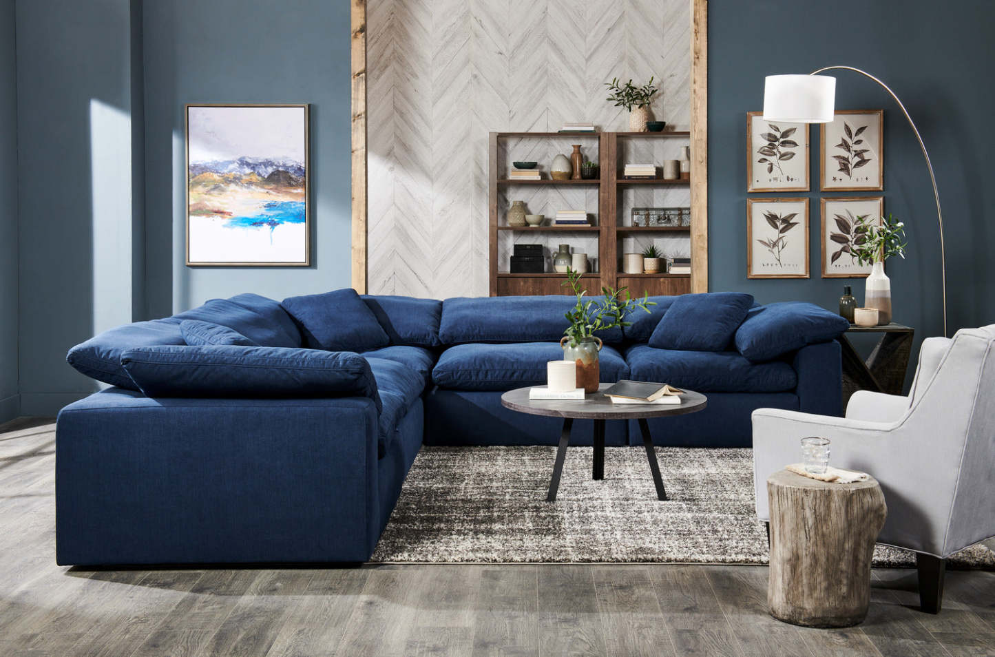 Eclipse Modular 5-Piece Linen-Look Fabric Sectional with Reversible Feather Down Cushions - Navy Blue | Canapé sectionnel modulaire Eclipse 5 pièces en tissu d’apparence lin avec coussins réversibles en duvet et plumes - bleu marine