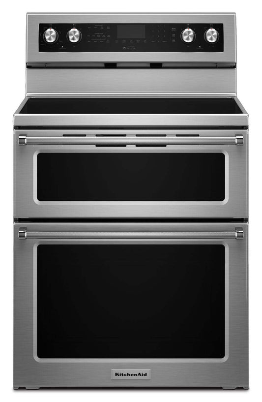 Cuisinière électrique KitchenAid de 6,7 pi³ avec autonettoyage et quatre double - acier inoxydable - YKFED500ES… | KitchenAid 6,7 Cu. Fort. Cuisinière électrique avec autonettoyant et four double - Acier inoxydable - Y…