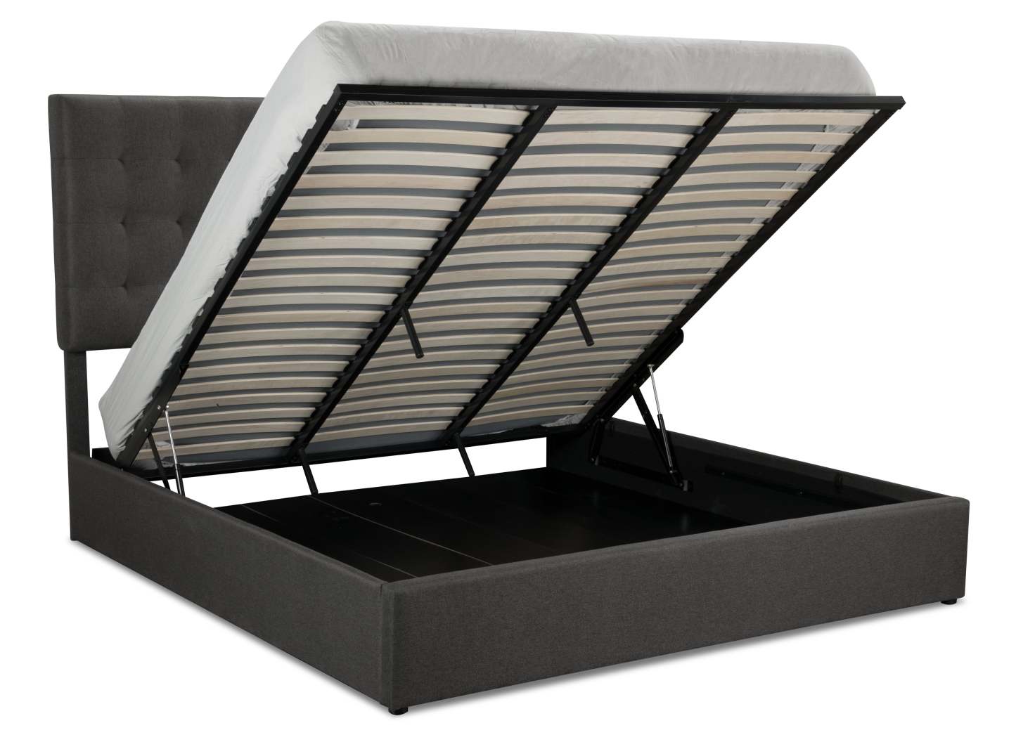 Lit plateforme rembourré Jace en tissu gris capitonné avec rangement - format très grand lit