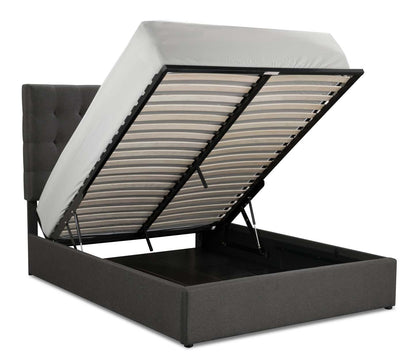 Lit plateforme avec rangement rembourré Jace en tissu gris, capitonné - Pleine grandeur | Lit plateforme rembourré Jace en tissu gris capitonné avec rangement - format lit double