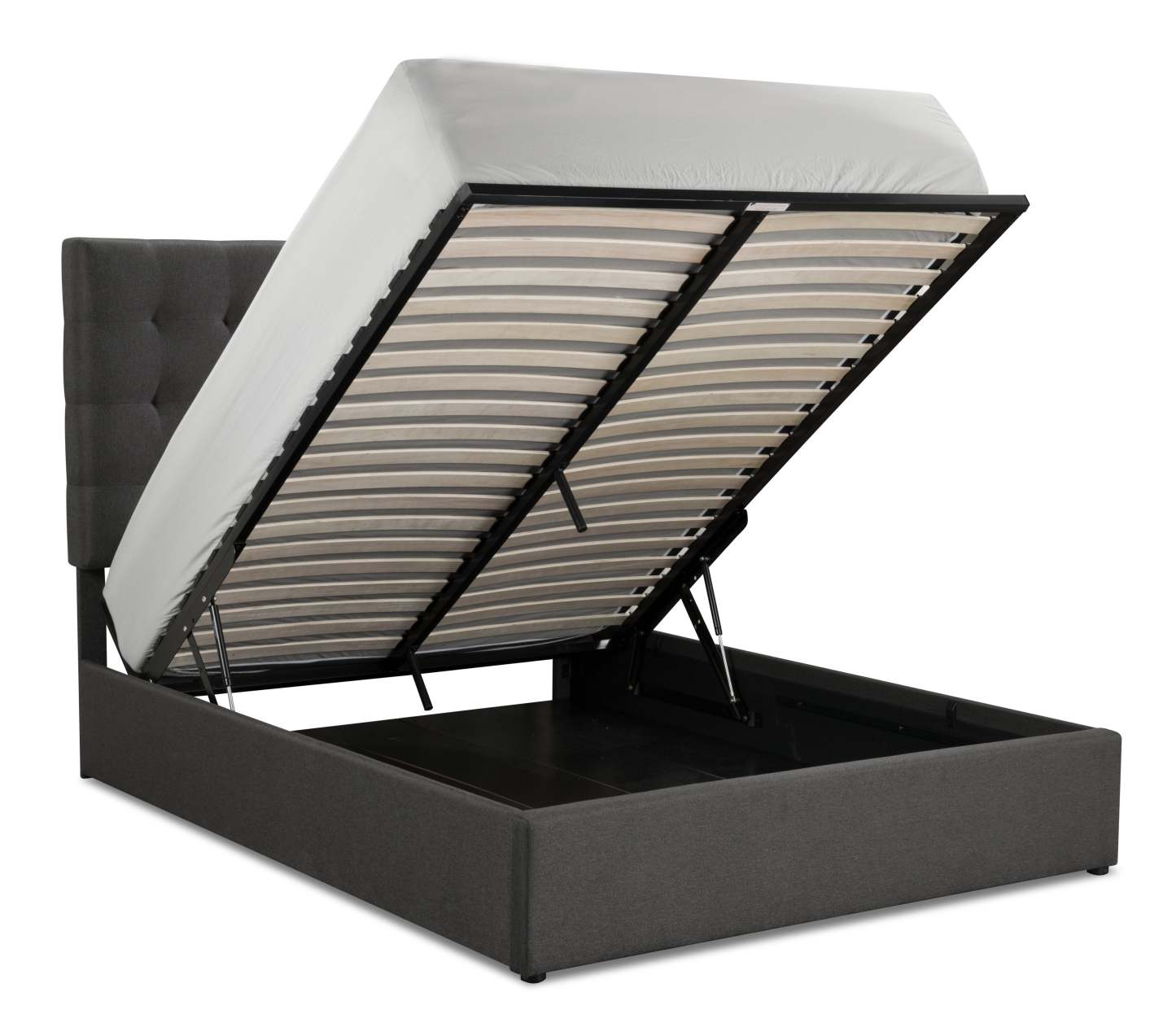 Lit plateforme rembourré Jace en tissu gris capitonné avec rangement - format grand lit