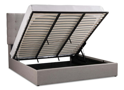 Lit plateforme rembourré Jace en tissu taupe capitonné avec rangement - format très grand lit