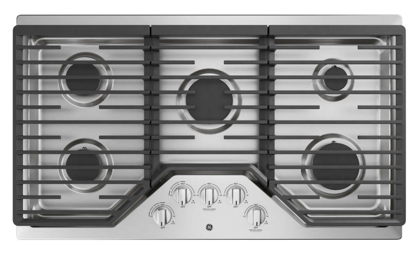 Surface de cuisson au gaz GE 36 à 5 éléments - Inox - JGP5036SLSS | Table de cuisson à gaz GE de 36 po à 5 éléments - acier inoxydable - JGP5036SLSS