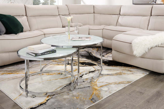 Josie 36 Glam Round Glass Top Nesting Coffee Tables - Grey Marble Look with Metal Legs|Tables à café gigognes rondes somptueuses Josie de 36 po avec dessus en verre - imitation de marbre gris avec pattes en métal