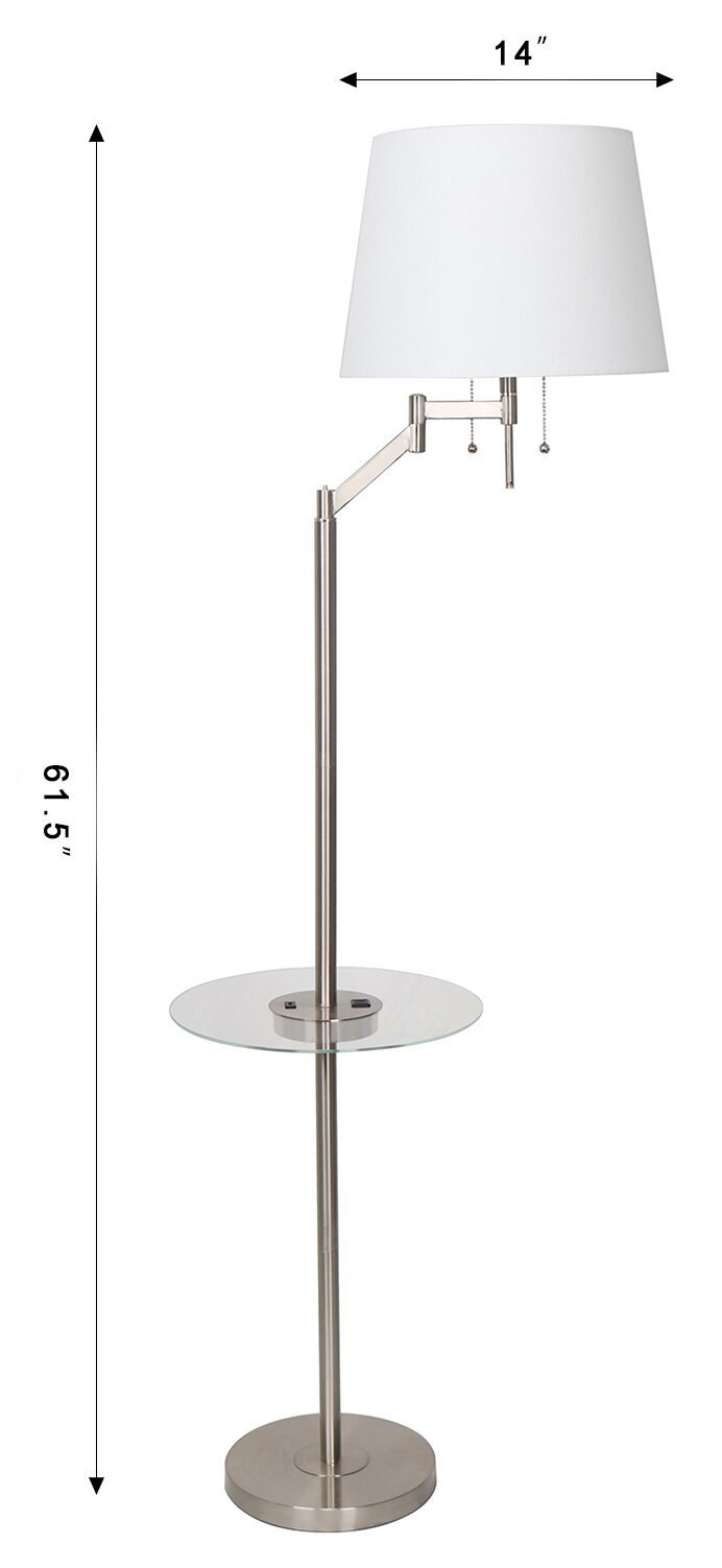 Kort &amp; Co. Joss 61 Lampadaire en acier brossé avec chargement USB et table d'appoint intégrée|Lampe à pied Joss de Kort &amp; Co. de 61 po acier brossé avec recharge USB et table d'appoint intégrée