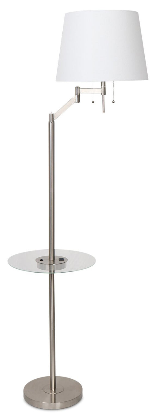Kort &amp; Co. Joss 61 Lampadaire en acier brossé avec chargement USB et table d'appoint intégrée|Lampe à pied Joss de Kort &amp; Co. de 61 po acier brossé avec recharge USB et table d'appoint intégrée