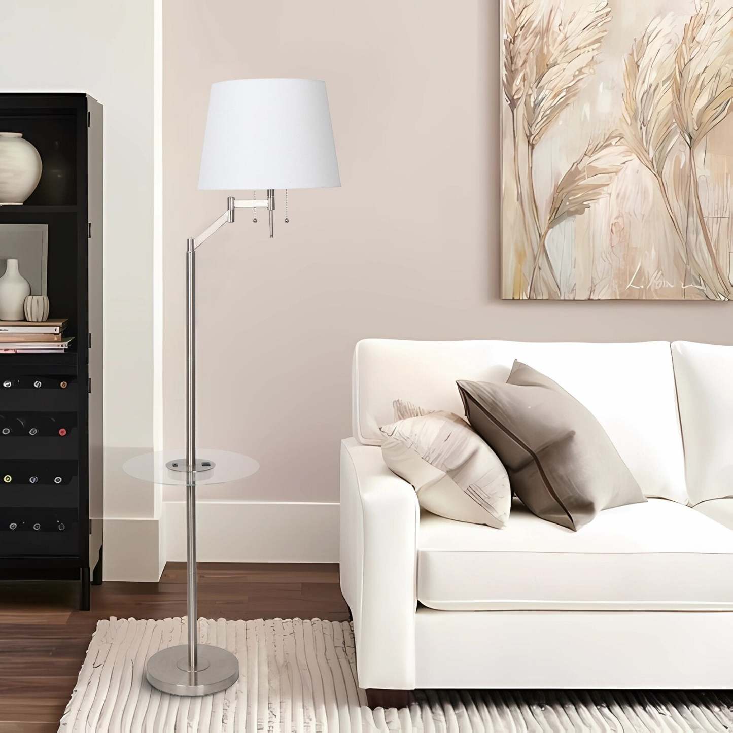 Kort &amp; Co. Joss 61 Lampadaire en acier brossé avec chargement USB et table d'appoint intégrée|Lampe à pied Joss de Kort &amp; Co. de 61 po acier brossé avec recharge USB et table d'appoint intégrée