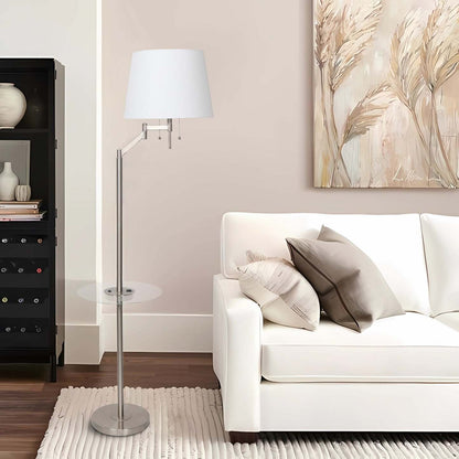 Kort &amp; Co. Joss 61 Lampadaire en acier brossé avec chargement USB et table d'appoint intégrée|Lampe à pied Joss de Kort &amp; Co. de 61 po acier brossé avec recharge USB et table d'appoint intégrée