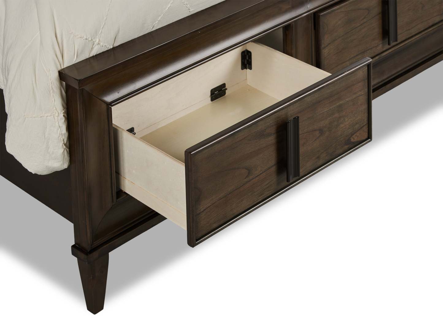 Lit plateforme de rangement Kane en cuir végétalien avec tête de lit et cadre de lit, brun - format grand lit | Lit rangement plateforme Kane avec tête de lit et cadre, cuir végétalien, marron - Queen Size