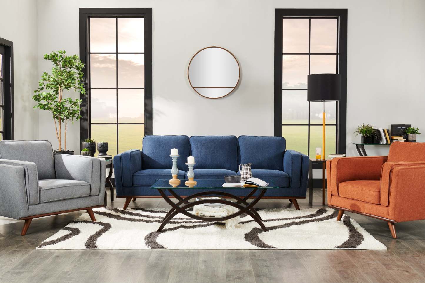 Canapé Kassia de Kort &amp; Co. de 90,6 po en tissu d'apparence lin avec base et pattes en bois - bleu