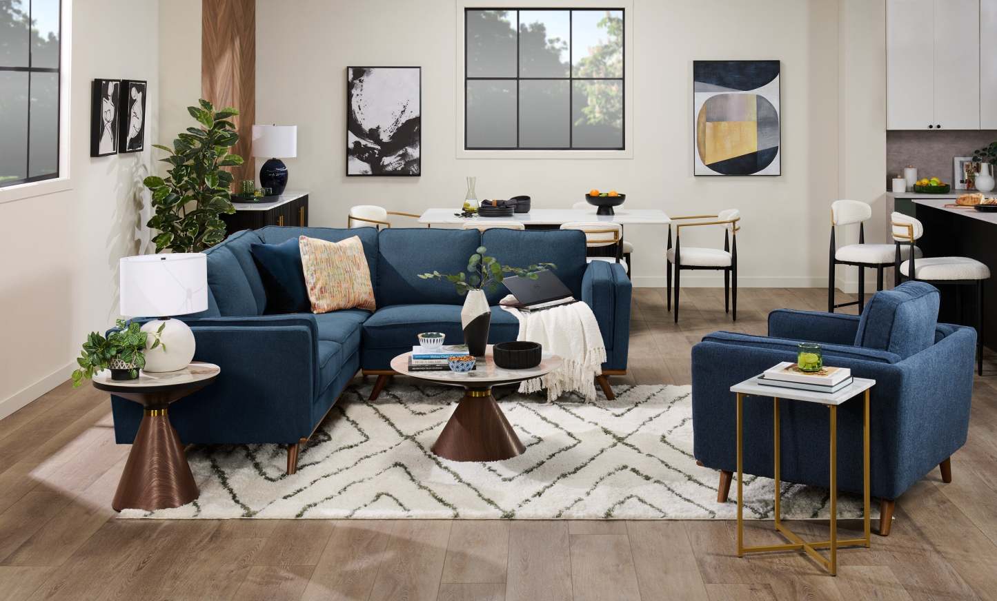 Canapé sectionnel Kassia de Kort &amp; Co. 2 pièces en tissu d'apparence lin avec base et pattes en bois - bleu