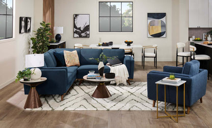 Canapé sectionnel Kassia de Kort &amp; Co. 2 pièces en tissu d'apparence lin avec base et pattes en bois - bleu