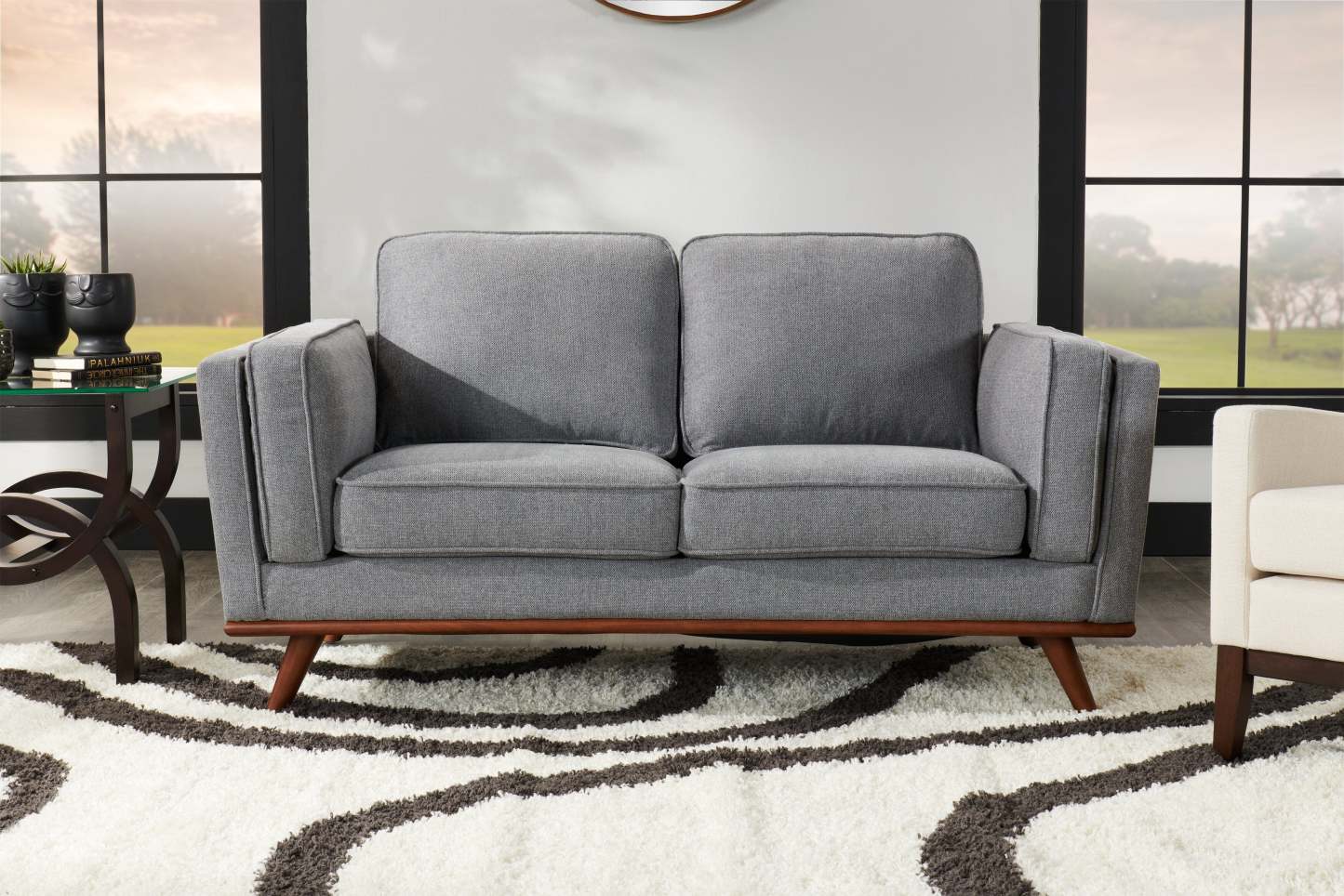 Kort & Co. Causeuse Kassia 65,4 po en tissu d’apparence lin avec base et pattes en bois - grise