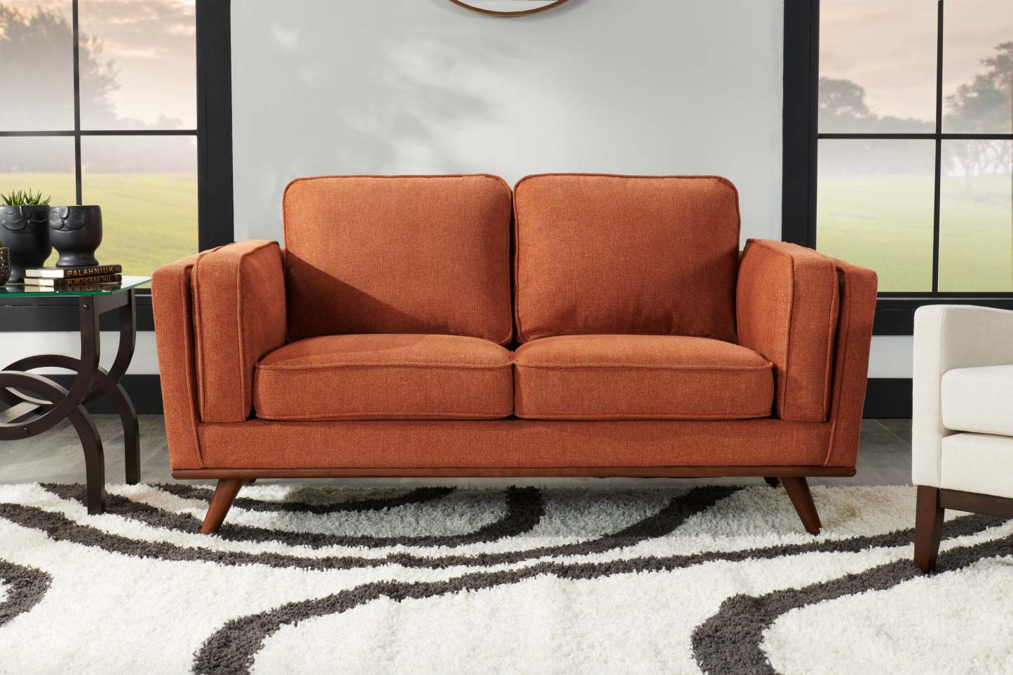 Kort & Co. Causeuse Kassia 65,4 po en tissu d’apparence lin avec base et pattes en bois - orange