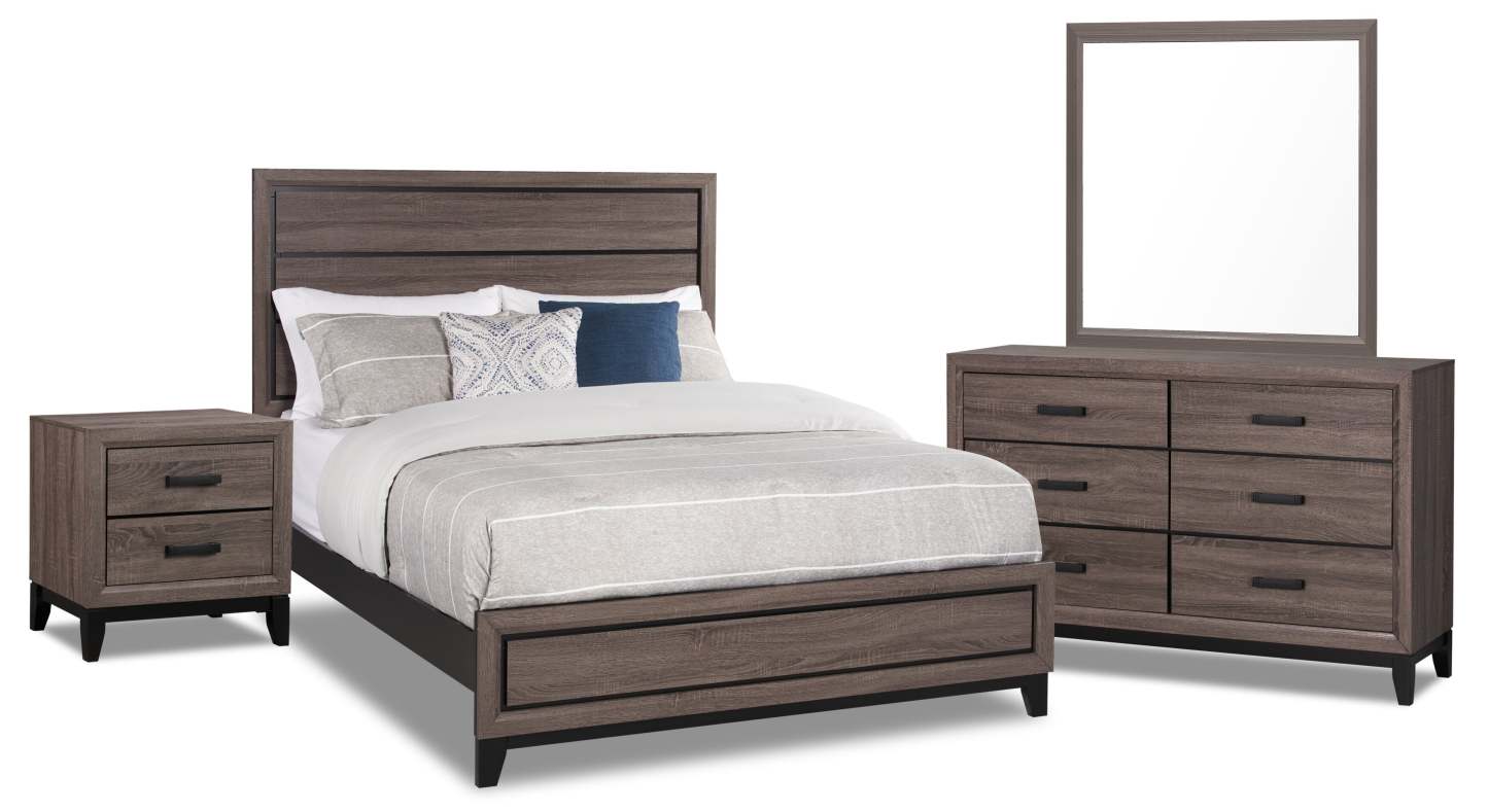 Kate 6pc Bedroom Set with Bed, Dresser, Mirror & Nightstand, Grey/Brown - Queen Size | Ensemble de chambre à coucher Kate 6 pièces avec lit, commode, miroir et table de nuit, gris/brun - taille queen