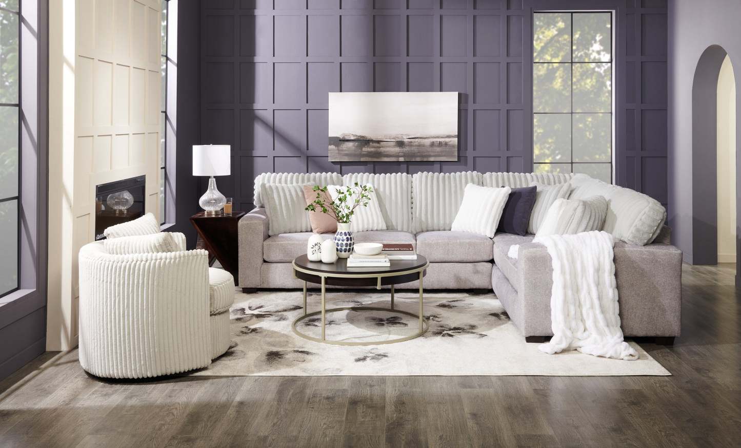 Fabriqué au Canada, canapé sectionnel Koda 2 pièces à droite en tissu de chenille avec coussins réversibles - gris Paloma luxueux