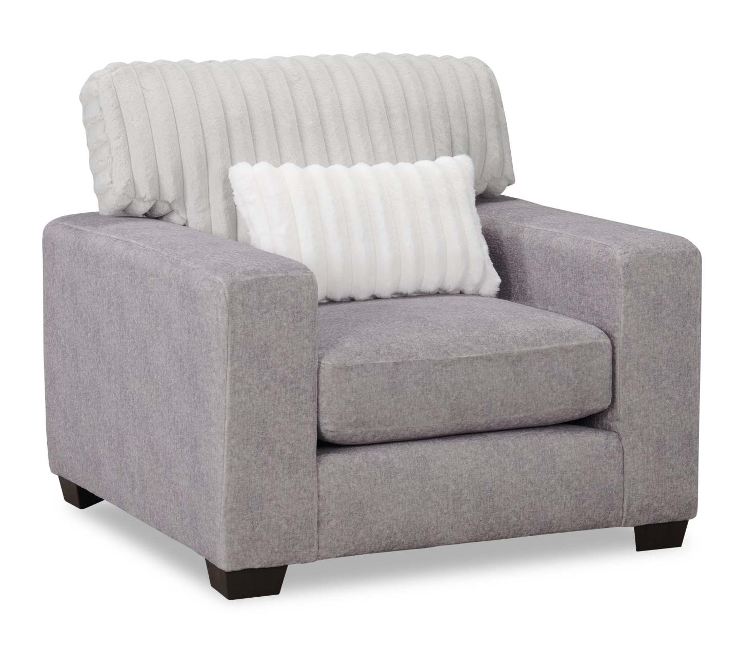 Fauteuil Koda de 41 po fabriqué au Canada en tissu de chenille et de fausse fourrure avec coussins amovibles - gris Paloma luxueux