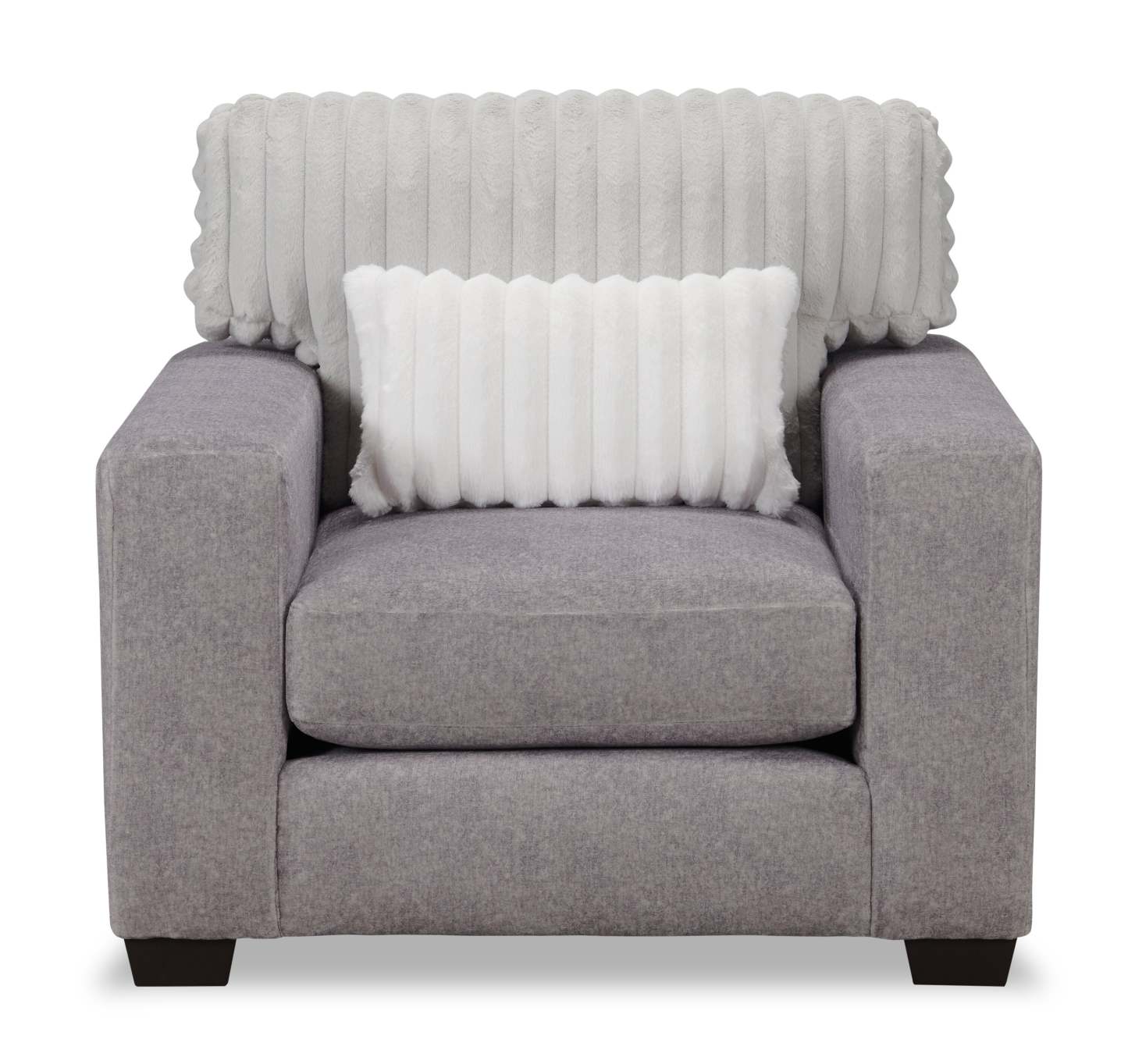 Fauteuil Koda de 41 po fabriqué au Canada en tissu de chenille et de fausse fourrure avec coussins amovibles - gris Paloma luxueux