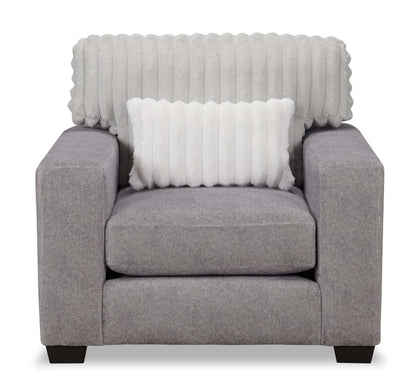 Fauteuil Koda de 41 po fabriqué au Canada en tissu de chenille et de fausse fourrure avec coussins amovibles - gris Paloma luxueux