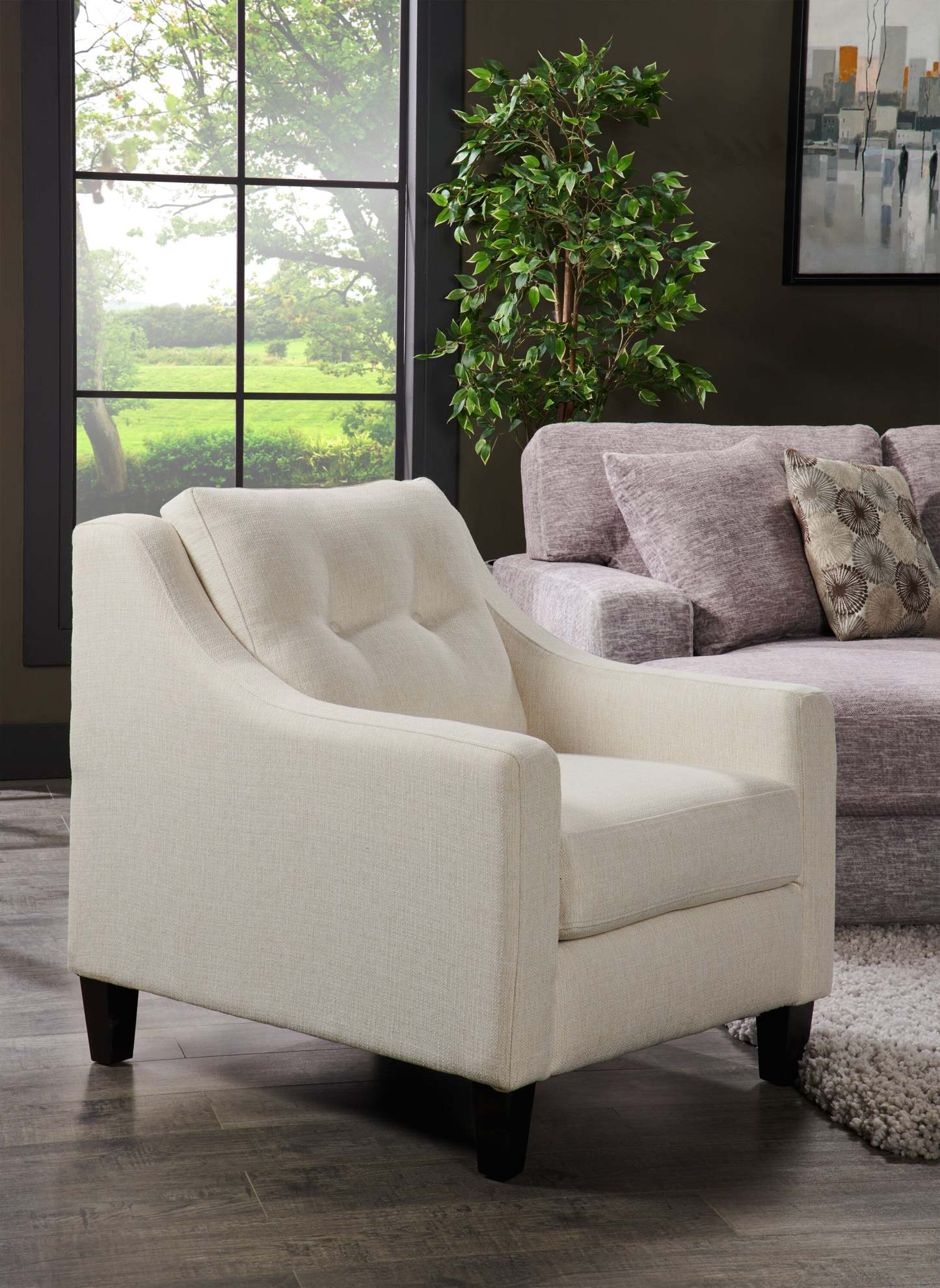 Fabriqué au Canada Cindy Crawford Home Chaise Kylie 32 en tissu d'apparence lin avec capitonnage de boutons - Zeus Pearl | Fauteuil Kylie de Cindy Crawford Home de 32 po fabriqué au Canada en tissu d'apparence lin avec capitonnage - perle Zeus