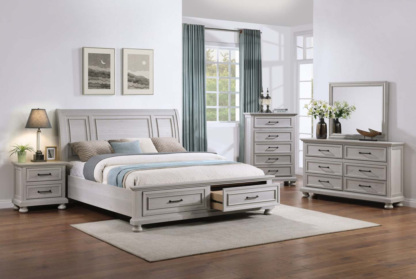 Lit plateforme de rangement Kylie sable avec tête de lit et cadre de lit - format très grand lit | Lit plateforme avec rangement Kylie avec tête de lit et cadre, sable - King Size