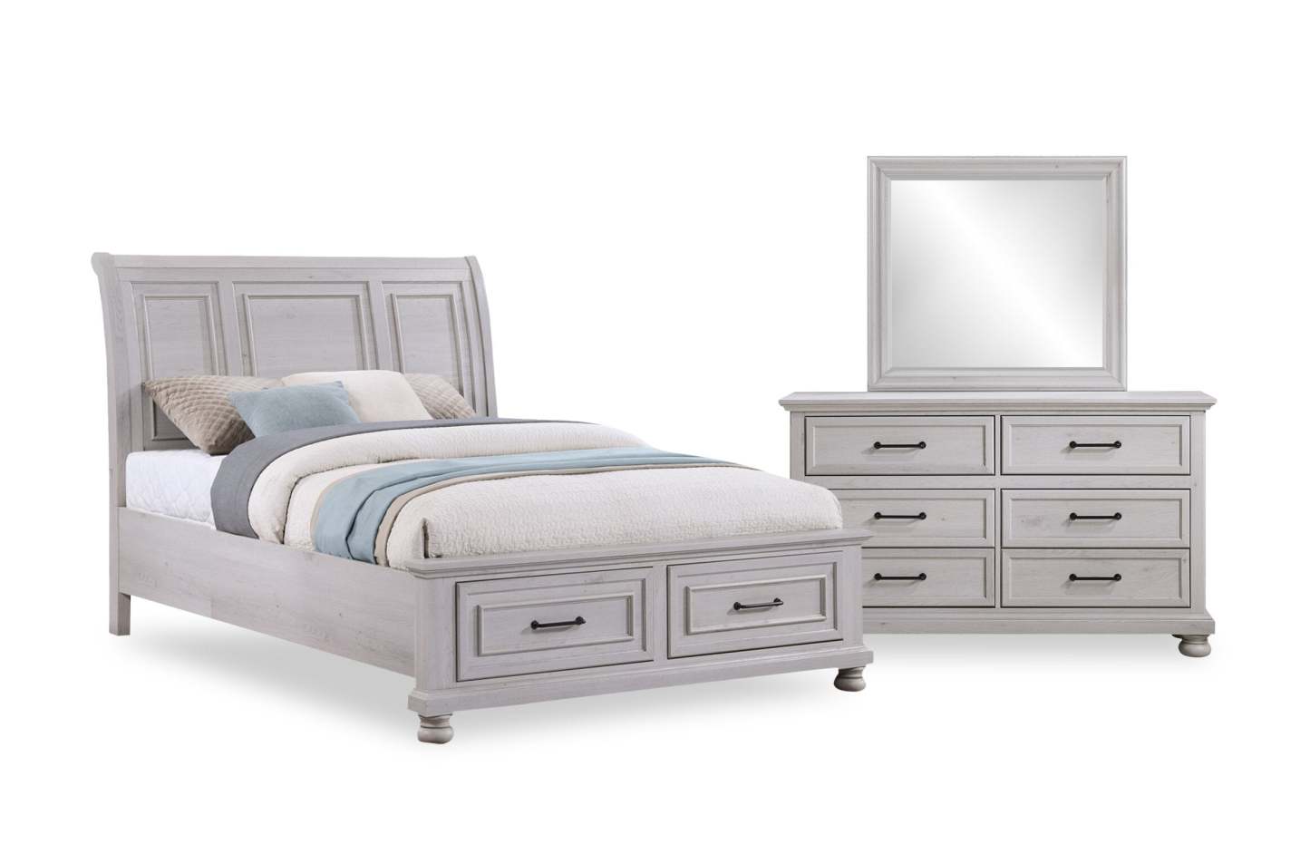 Kylie 5 pièces sable avec lit de rangement, commode et miroir - format grand lit | Ensemble de chambre à coucher Kylie 5pc avec lit de rangement, commode et miroir, sable - taille queen