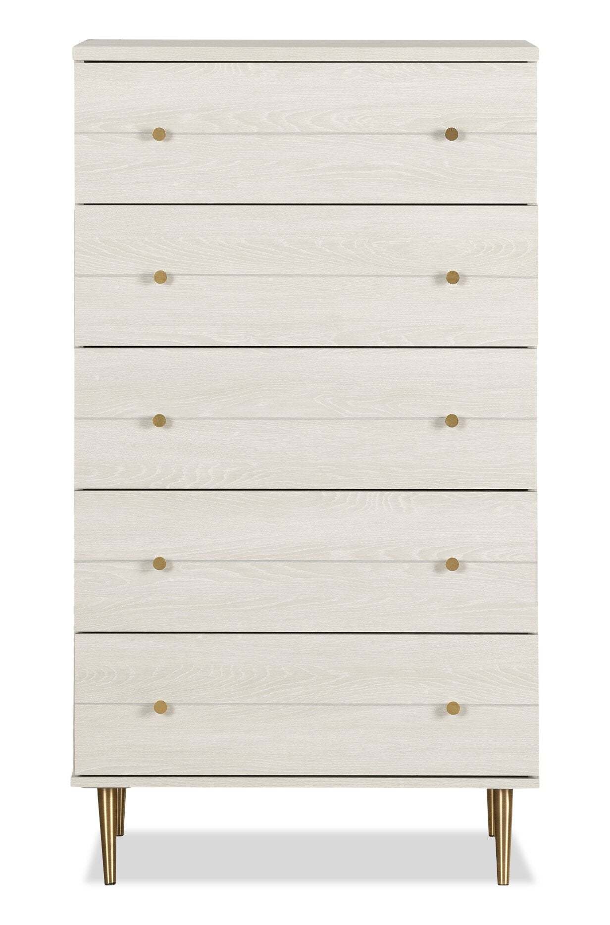 Commode de chambre à coucher Lake, 5 tiroirs, 29 L x 52 H, Fabriqué au Canada, Glam - Blanc | Commode verticale somptueuse Lake de 29 po (L) x 52 po (H) à 5 tiroirs pour la chambre à coucher, fabriquée au Canada - blanche