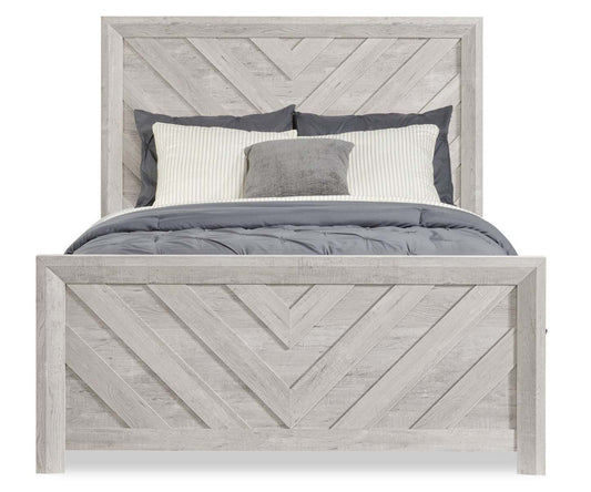 Ensemble de chambre à coucher Lark 6 pièces avec lit à panneaux, commode, miroir et table de nuit, blanc rustique - taille queen