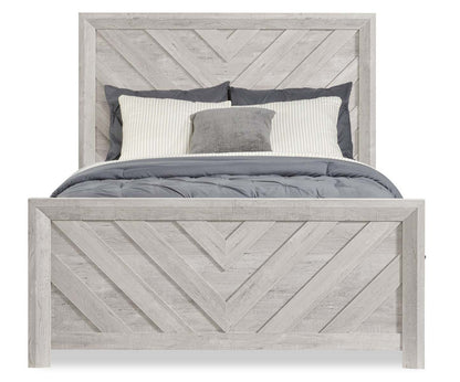 Lit à panneaux Lark avec tête de lit et cadre, motif chevron, blanc rustique - Pleine grandeur | Lit à panneaux Lark blanc rustique avec tête de lit, cadre et motif de chevrons - format lit double