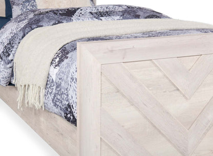 Lit à panneaux Lark avec tête de lit et cadre pour enfants, motif chevron, blanc rustique – Taille double | Lit à panneaux Lark blanc rustique pour enfants avec tête de lit, cadre et motif de chevrons - format lit simple