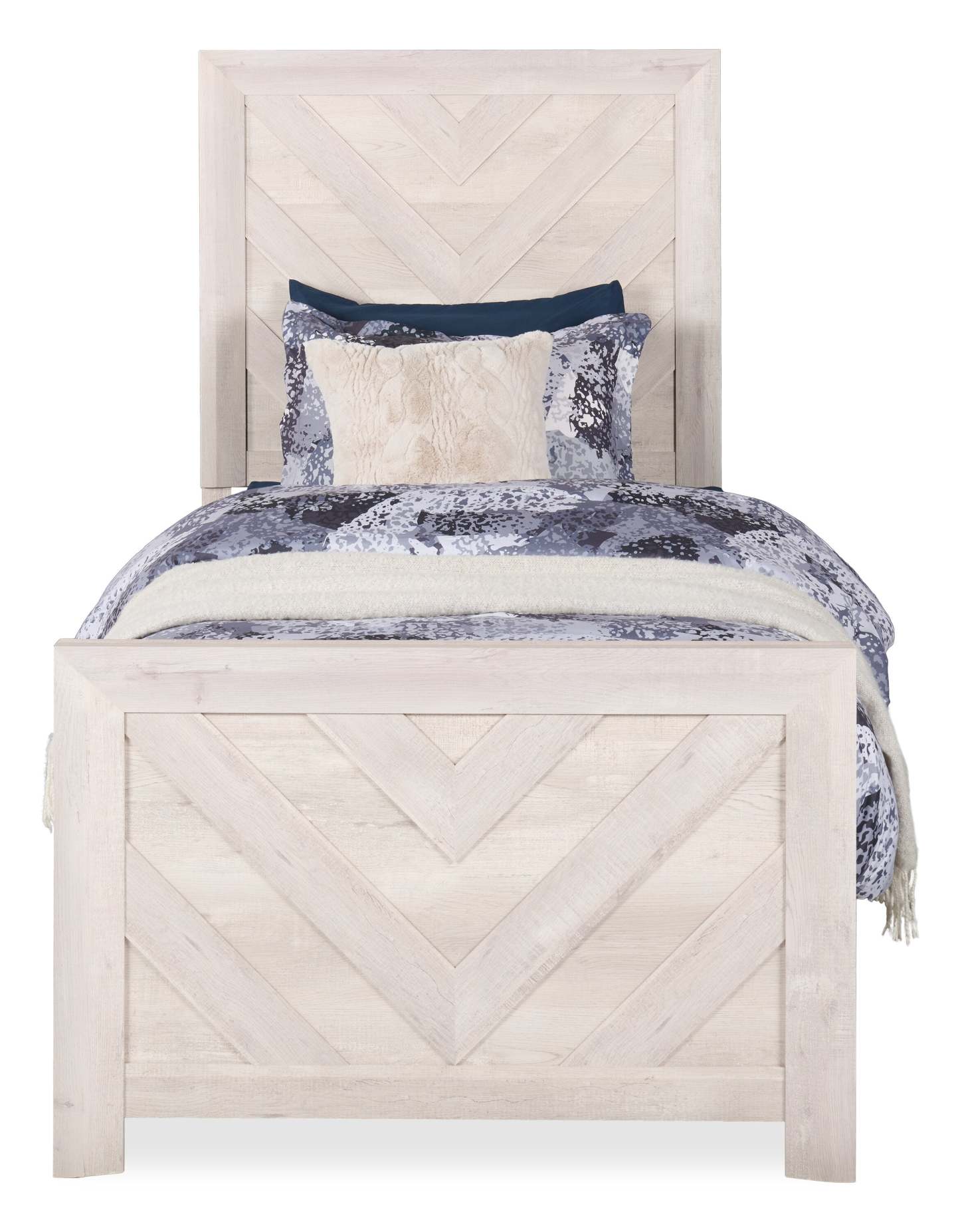 Lit à panneaux Lark avec tête de lit et cadre pour enfants, motif chevron, blanc rustique – Taille double | Lit à panneaux Lark blanc rustique pour enfants avec tête de lit, cadre et motif de chevrons - format lit simple