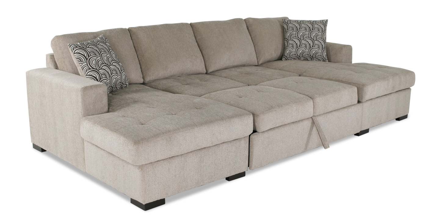 Made in Canada Legend 3-Piece Chenille Fabric Sleeper Sectional with Two Storage Chaises - Platinum Beige | Canapé-lit sectionnel Legend 3 pièces fabriqué au Canada en tissu de chenille avec 2 fauteuils longs de rangement - beige platine