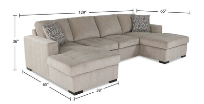 Made in Canada Legend 3-Piece Chenille Fabric Sleeper Sectional with Two Storage Chaises - Platinum Beige | Canapé-lit sectionnel Legend 3 pièces fabriqué au Canada en tissu de chenille avec 2 fauteuils longs de rangement - beige platine
