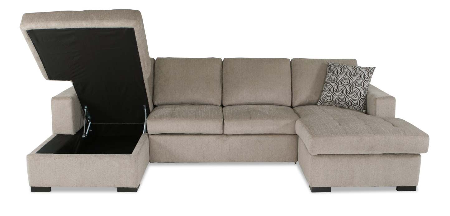 Made in Canada Legend 3-Piece Chenille Fabric Sleeper Sectional with Two Storage Chaises - Platinum Beige | Canapé-lit sectionnel Legend 3 pièces fabriqué au Canada en tissu de chenille avec 2 fauteuils longs de rangement - beige platine
