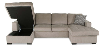 Made in Canada Legend 3-Piece Chenille Fabric Sleeper Sectional with Two Storage Chaises - Platinum Beige | Canapé-lit sectionnel Legend 3 pièces fabriqué au Canada en tissu de chenille avec 2 fauteuils longs de rangement - beige platine