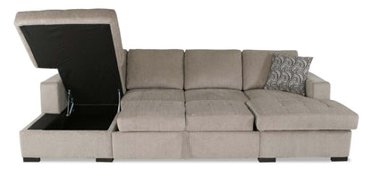 Made in Canada Legend 3-Piece Chenille Fabric Sleeper Sectional with Two Storage Chaises - Platinum Beige | Canapé-lit sectionnel Legend 3 pièces fabriqué au Canada en tissu de chenille avec 2 fauteuils longs de rangement - beige platine