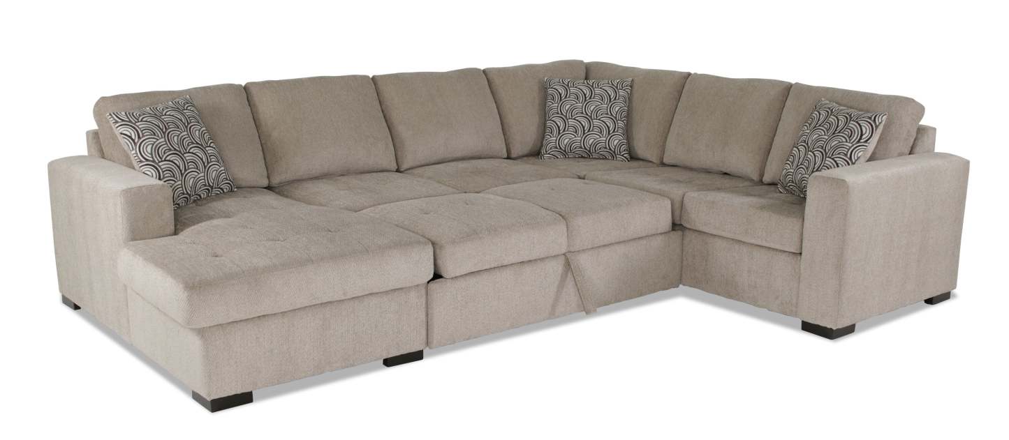 Made in Canada Legend 3-Piece Left-Facing Chenille Fabric Sleeper Sectional with Storage Chaise - Platinum Beige | Canapé-lit sectionnel de gauche Legend 3 pièces fabriqué au Canada en tissu de chenille avec chaise longue de rangement - beige platine
