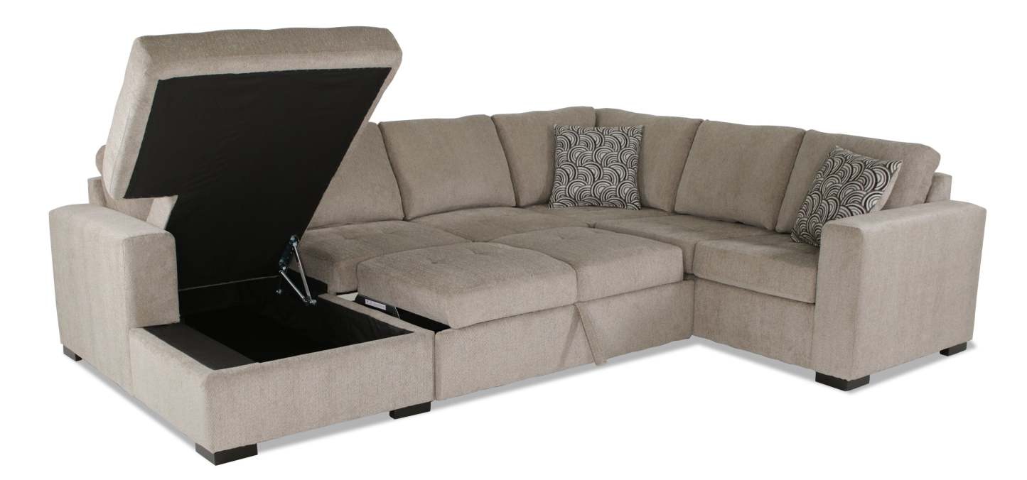 Made in Canada Legend 3-Piece Left-Facing Chenille Fabric Sleeper Sectional with Storage Chaise - Platinum Beige | Canapé-lit sectionnel de gauche Legend 3 pièces fabriqué au Canada en tissu de chenille avec chaise longue de rangement - beige platine