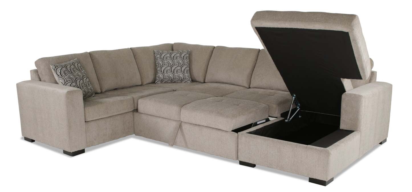 Made in Canada Legend 3-Piece Right-Facing Chenille Fabric Sleeper Sectional with Storage Chaise - Platinum Beige | Canapé-lit sectionnel de droite Legend 3 pièces fabriqué au Canada en tissu de chenille avec chaise longue de rangement - beige platine