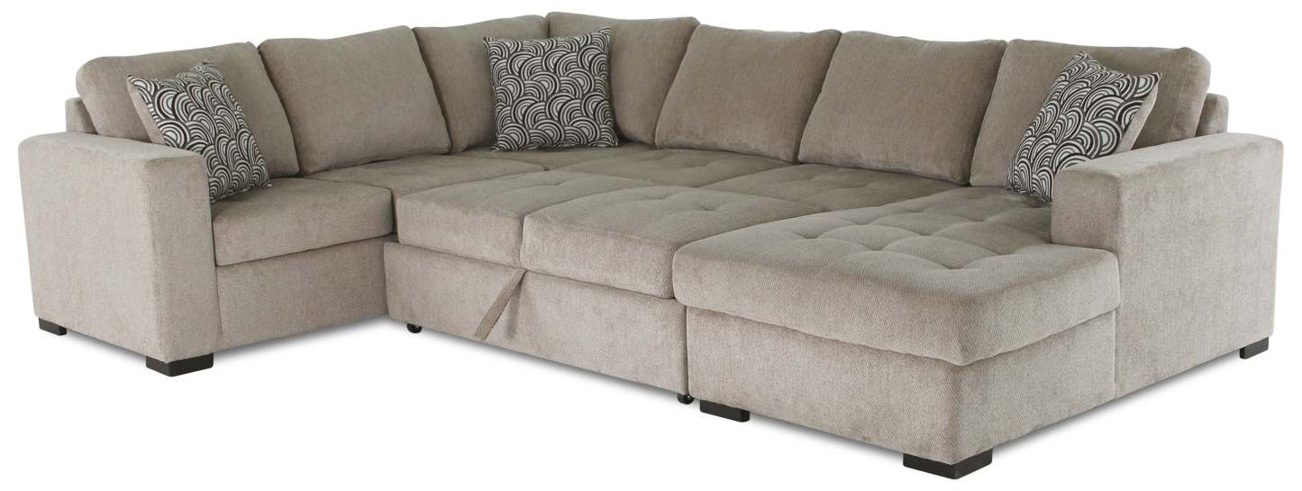 Made in Canada Legend 4-Piece Right-Facing Chenille Fabric Sleeper Sectional with Storage Chaise - Platinum Beige | Canapé-lit sectionnel de droite Legend 4 pièces fabriqué au Canada en tissu de chenille avec chaise longue de rangement - beige platine