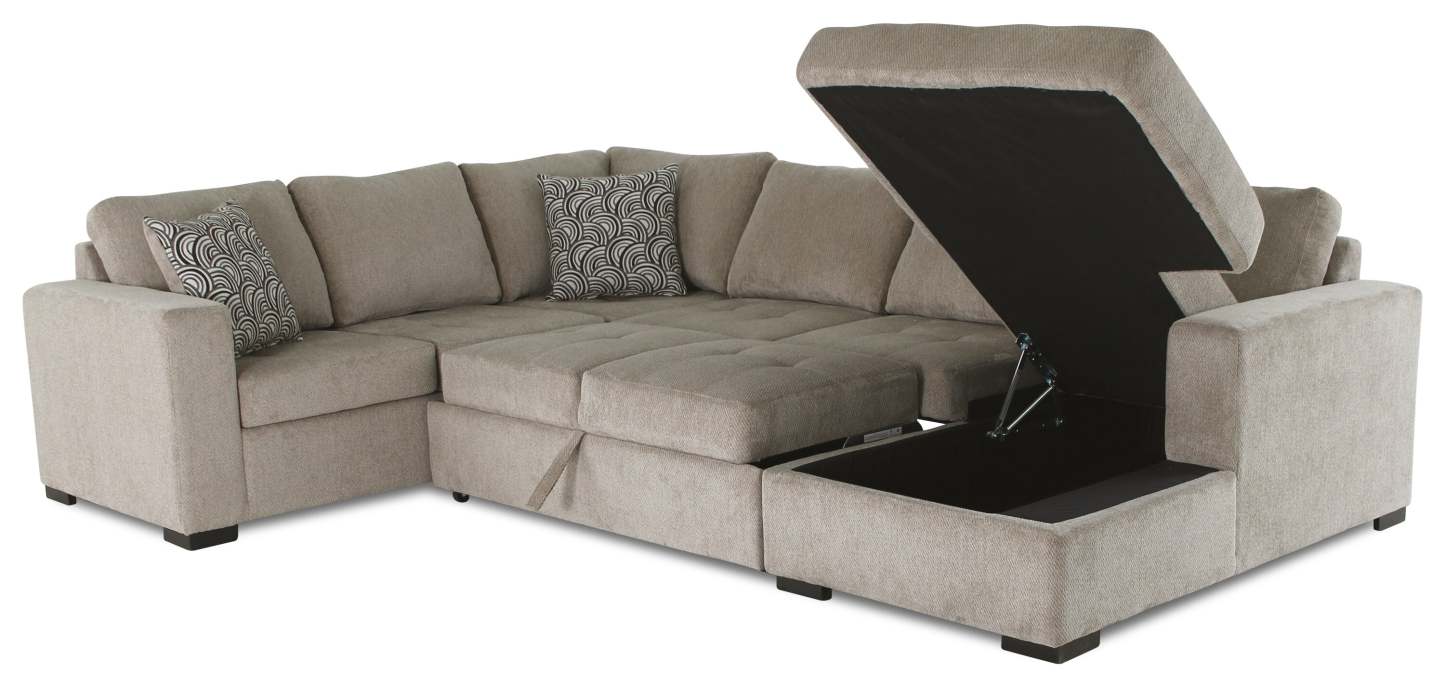 Made in Canada Legend 4-Piece Right-Facing Chenille Fabric Sleeper Sectional with Storage Chaise - Platinum Beige | Canapé-lit sectionnel de droite Legend 4 pièces fabriqué au Canada en tissu de chenille avec chaise longue de rangement - beige platine