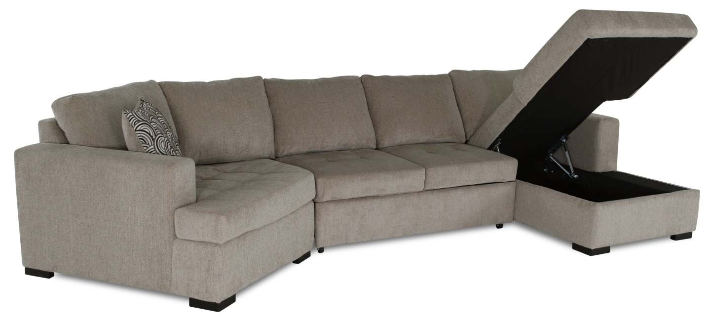 Fabriqué au Canada, canapé-lit sectionnel enveloppant Legend 3 pièces en tissu de chenille avec chaise longue - beige platine
